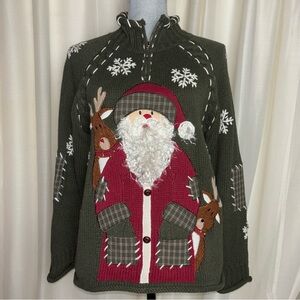 Mandal Bay Christmas Embroidered Santa Reindeer Quarter Zip Sweater